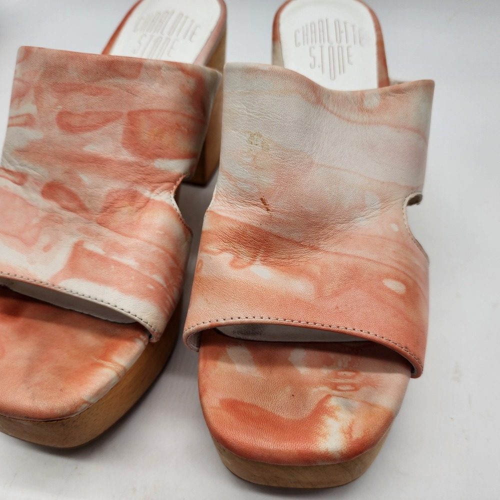 Charlotte Stone Nina Marbled Leather Platform Sandals Women's 9 Orange Wood Heel - Picture 5 of 13